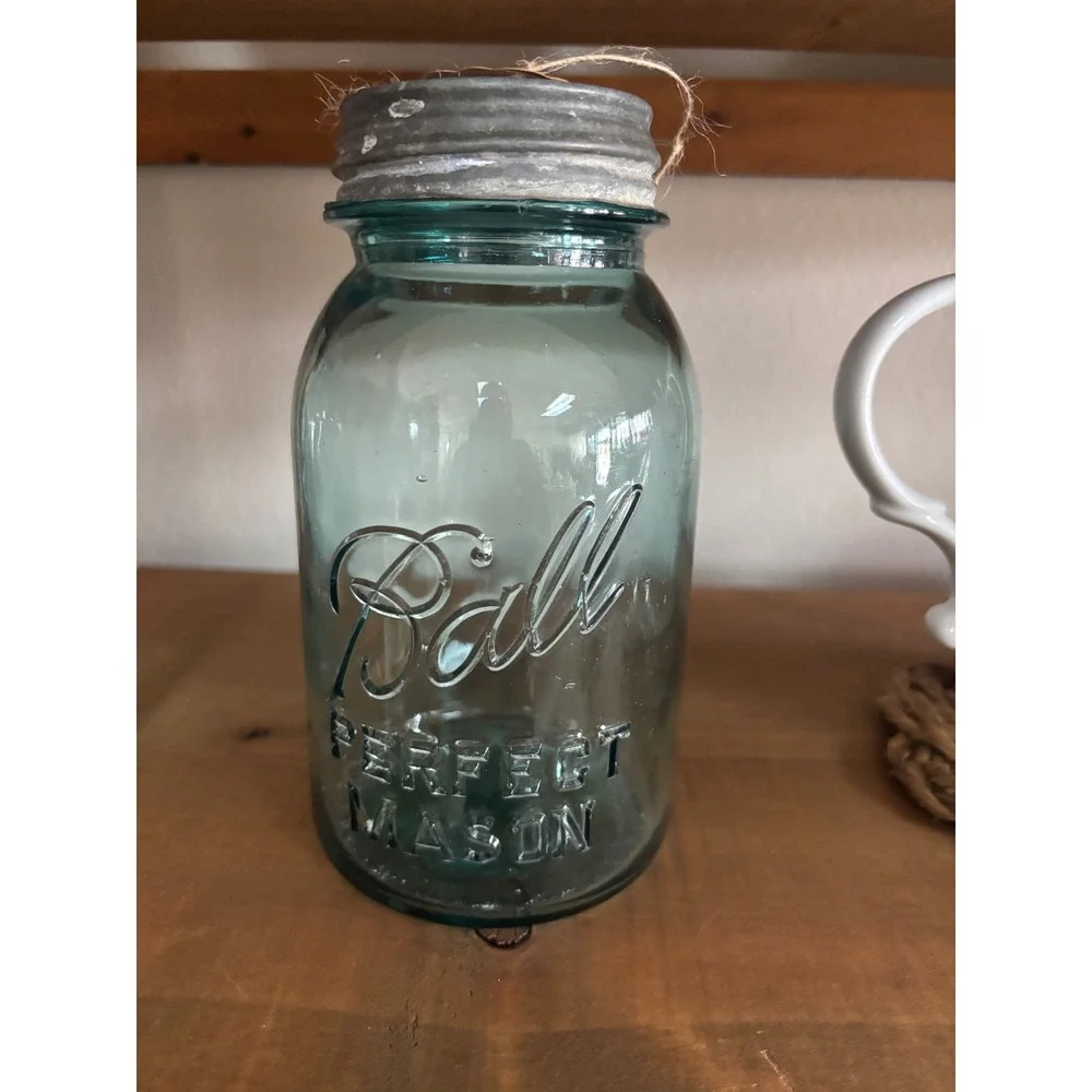 Vintage Ball Perfect Mason Jar Aqua Blue Glass Quart with Zinc Lid 7 Inch